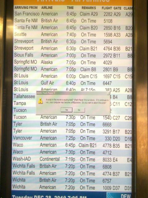 Broken flight arrival time display at the airport