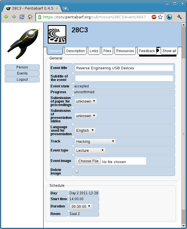 28c3 talk submission system - Talk starts Day 2 2011-12-28 14:00:00 Duration 00:30:00 Room Saal 2